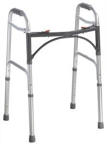 A folding two-button walker in gray with rear glide caps and no front wheels
