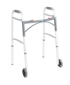 A folding two-button walker in white with front swivel wheels