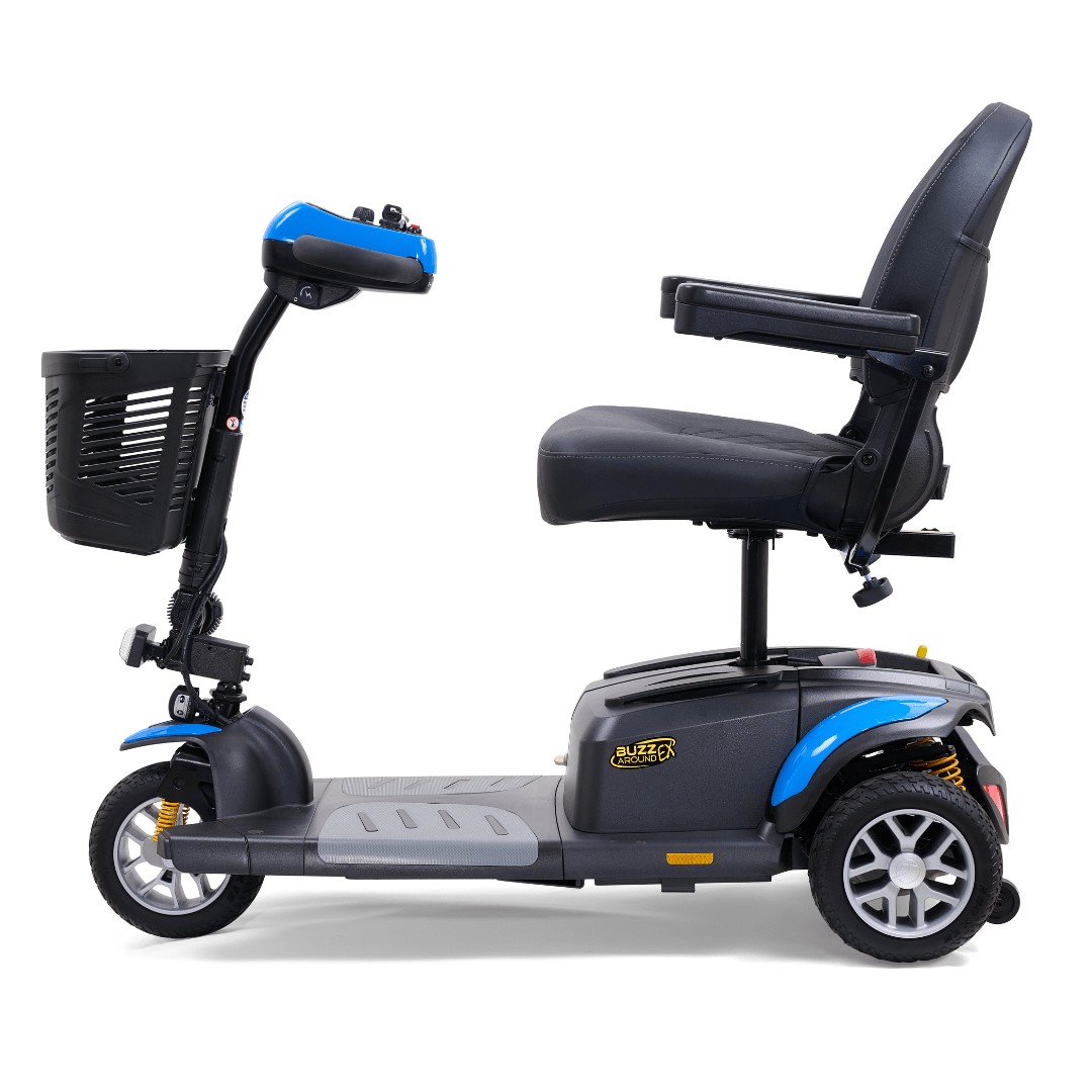 Golden Buzzaround EX three-wheel mobility scooter, side view