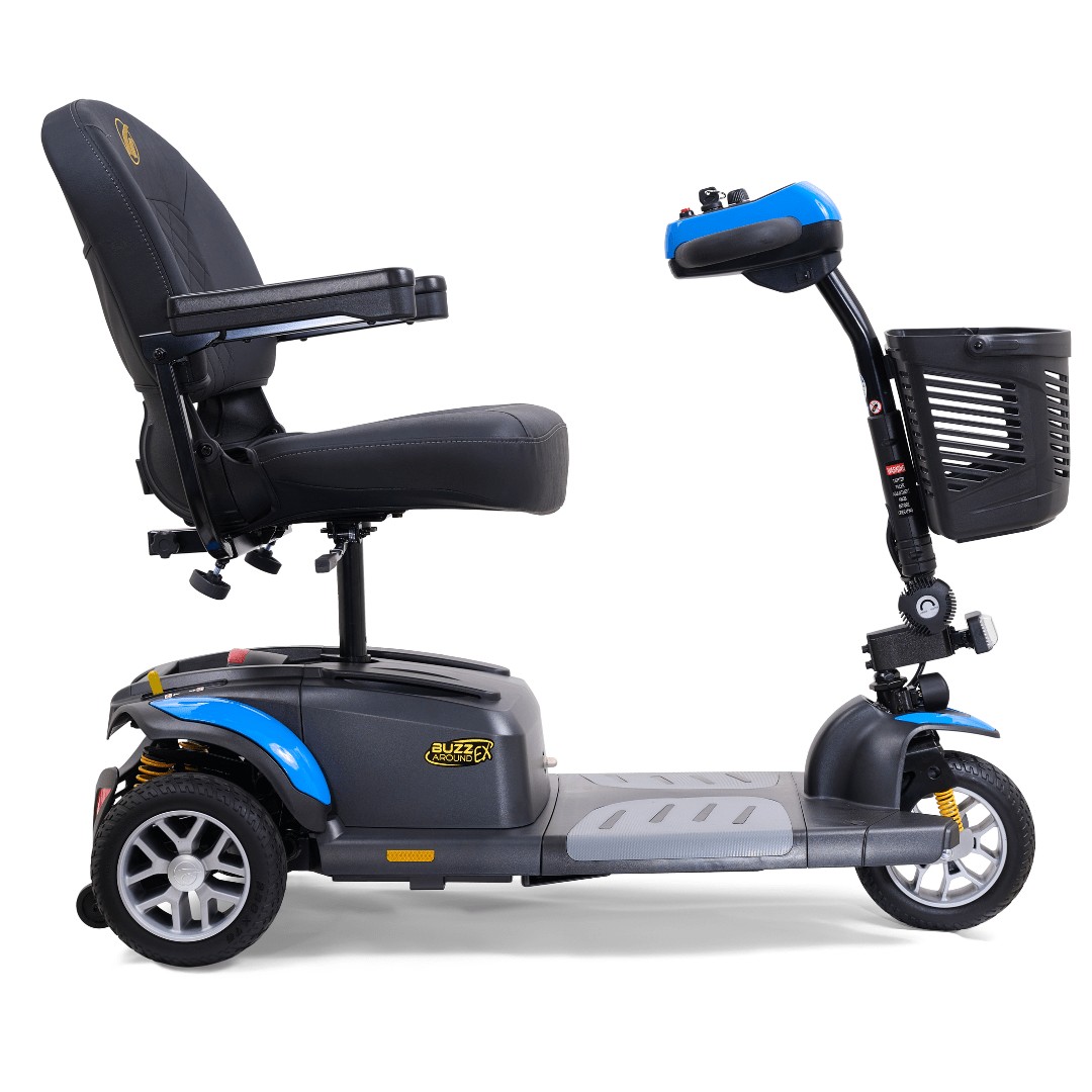 Golden Buzzaround EX three-wheel mobility scooter, side view