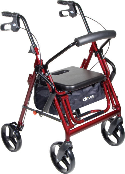 A red Drive Duet rollator that converts to a transport chair, with padded seat and backrest