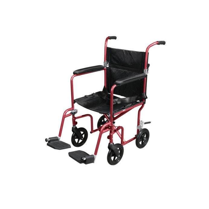 A red Drive Medical Deluxe Fly-Weight Aluminum Transport Chair with removable casters