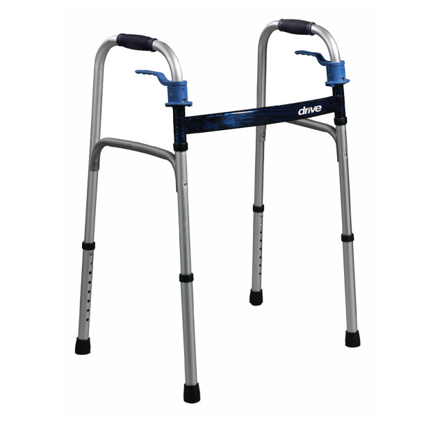 A silver Drive Medical Deluxe Trigger Release folding walker