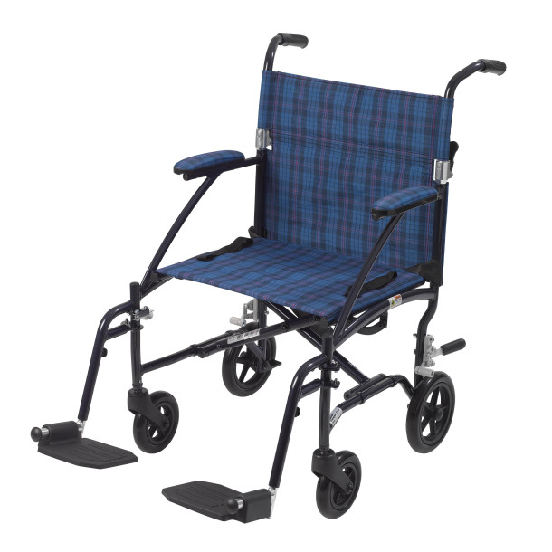 A blue plaid Drive Medical Fly-Lite Ultra Lightweight Transport Wheelchair