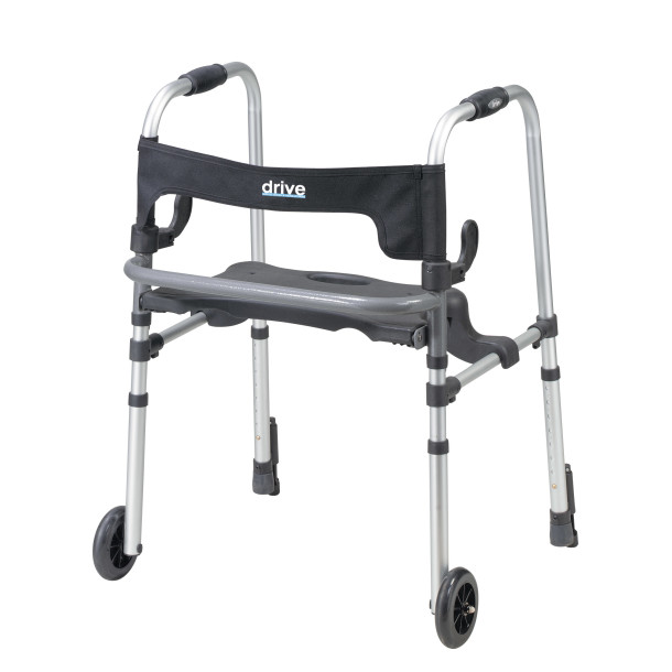 A Drive Medical Clever-Lite LS folding walker with a flip-up seat