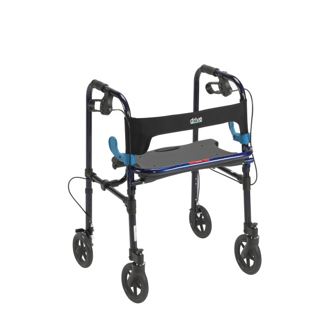 A blue Drive Medical Clever-Lite rollator walker with four wheels and a seat