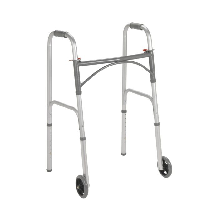 A silver Drive Medical folding walker with two front wheels