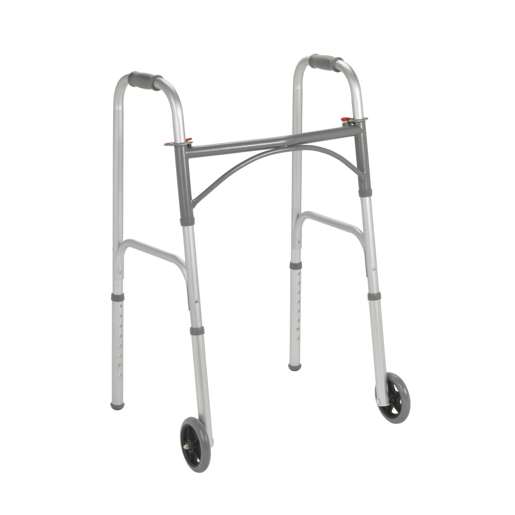 A silver Drive Medical folding walker with two front wheels