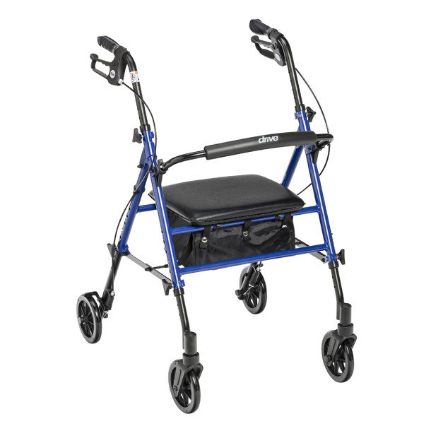 A blue adjustable-height four-wheel rollator with a padded seat and underseat pouch