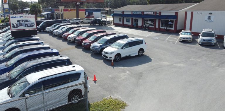 Aerial view of Mobility America's Lakeland lot, full of wheelchair vans