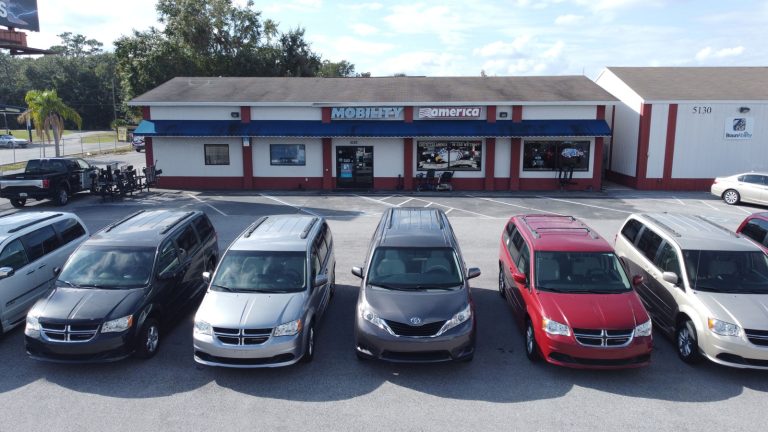 Mobility America showroom exterior with wheelchair vans parked in front, Lakeland FL