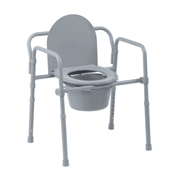 A gray folding bedside commode chair