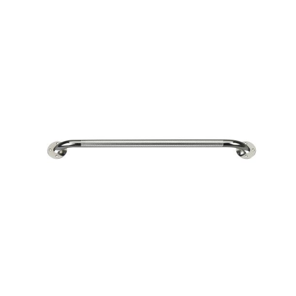 A knurled chrome grab bar with mounting flanges on each end