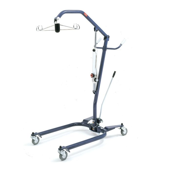 A Merits hydraulic manual patient lift with sling bar on a wheeled base