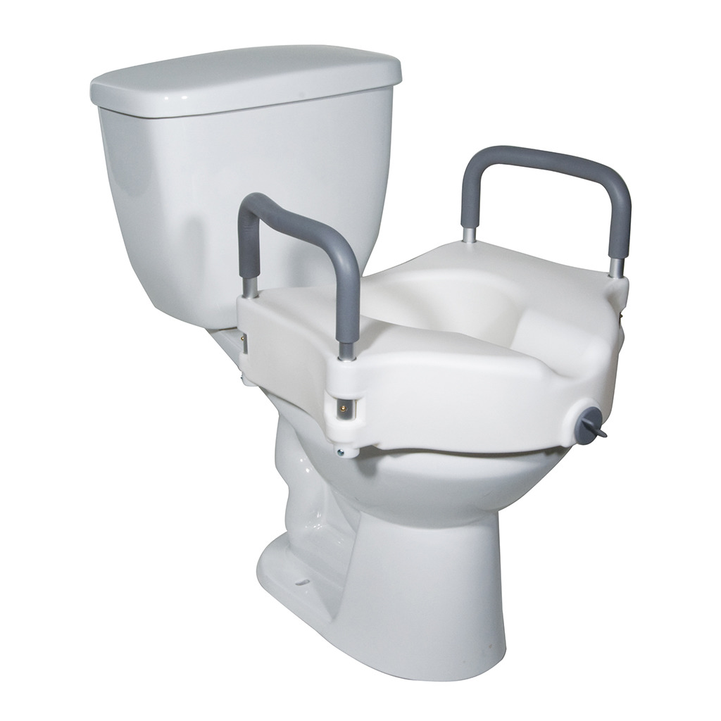 A raised toilet seat with removable arms installed on a toilet