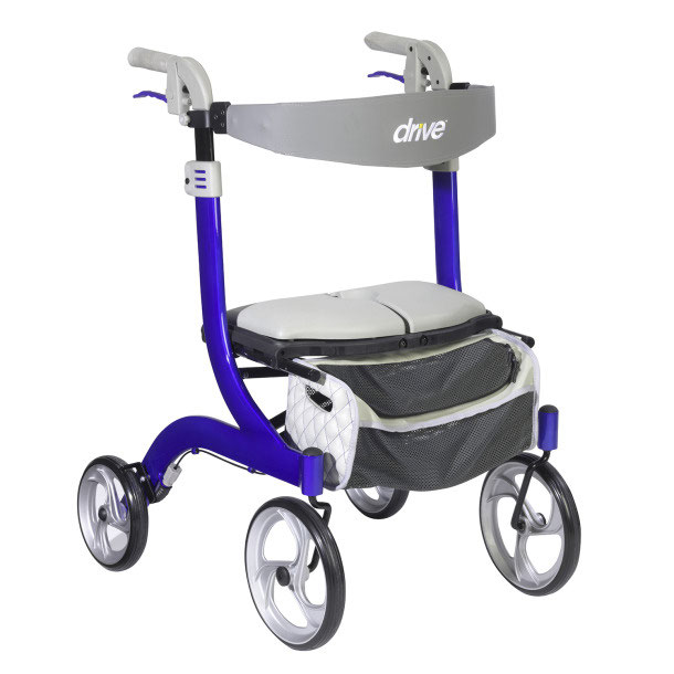 A blue Drive Nitro DLX four-wheel rollator with folding seat and underseat bag