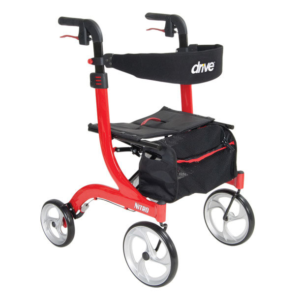 A red Drive Nitro four-wheel rollator with folding seat, underseat bag, and 10 inch casters