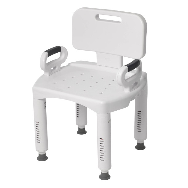 A white shower chair with a back and armrests, height-adjustable legs