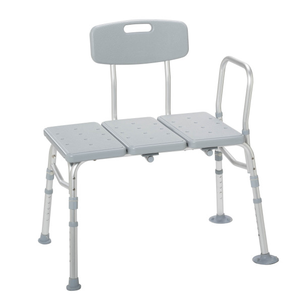 A gray transfer bench that spans the side of a bathtub