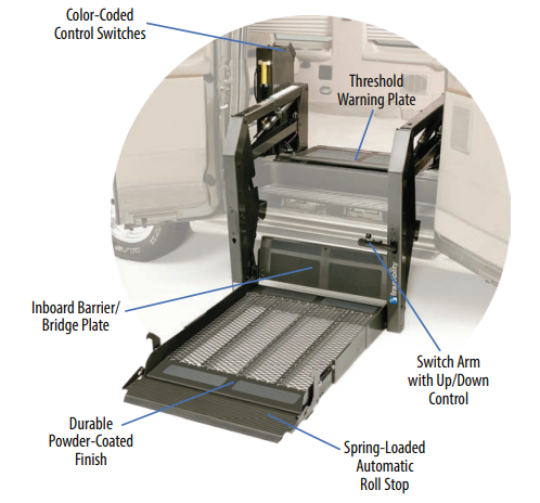 A BraunAbility Century Series dual-arm platform wheelchair lift in a van doorway