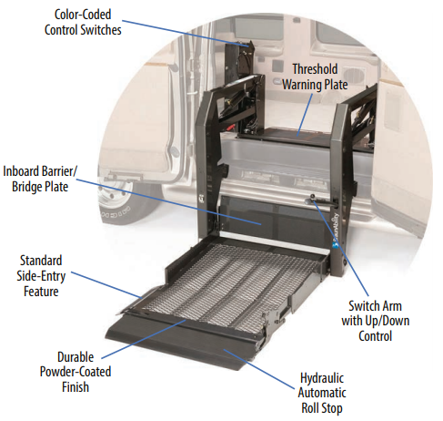 A BraunAbility Millennium Series platform wheelchair lift mounted in a full-size van doorway