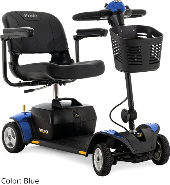 Pride Go-Go Elite Traveller four-wheel mobility scooter in blue