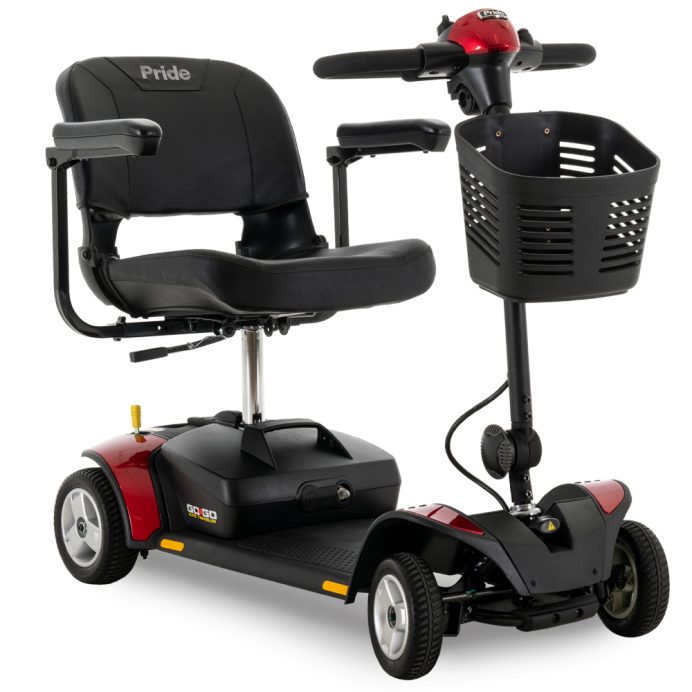 Pride Go-Go Elite Traveller four-wheel mobility scooter in red, studio photograph