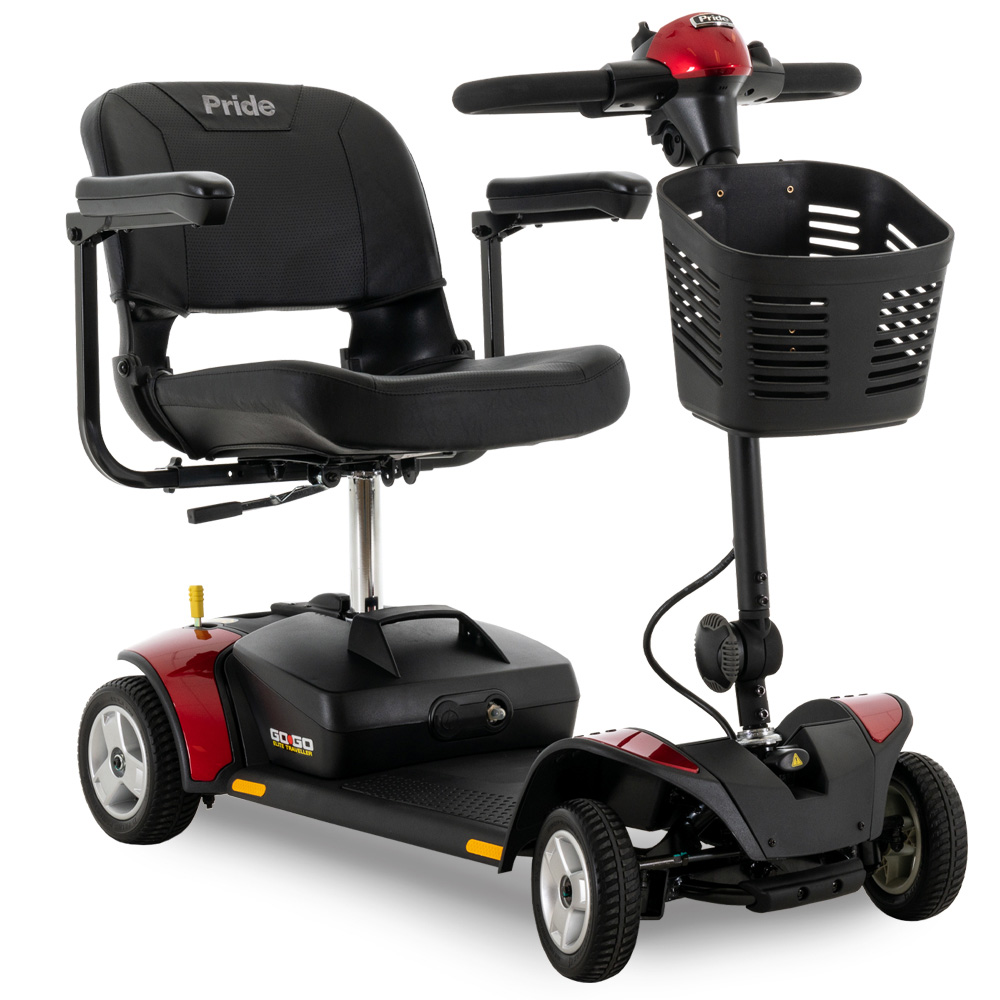 Pride Go-Go Elite Traveller four-wheel mobility scooter in red, studio photograph