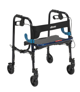 A folding junior rollator walker with a flip-up seat and four 5-inch casters