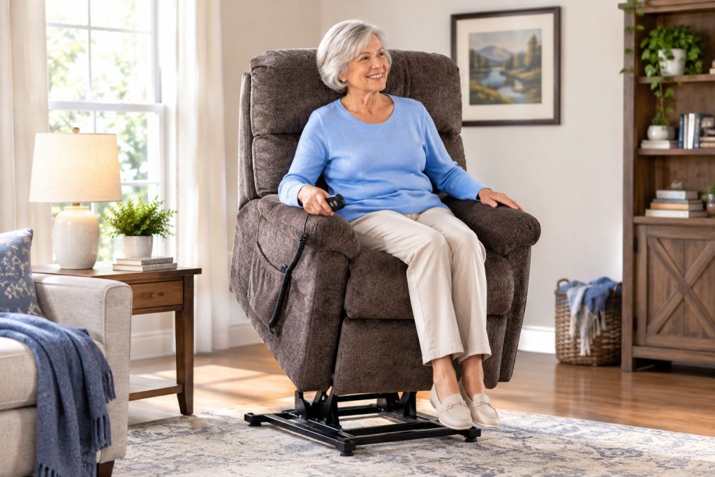 A smiling older woman in a brown lift recliner raised on its base, holding the hand control