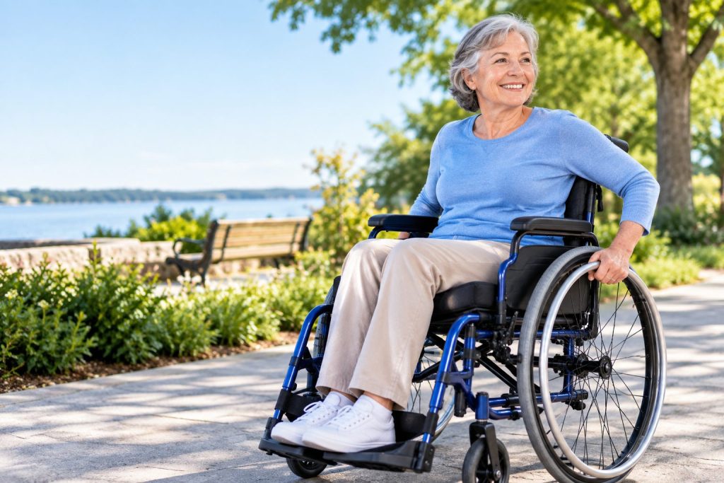 A smiling older woman in a blue manual wheelchair on a waterfront path