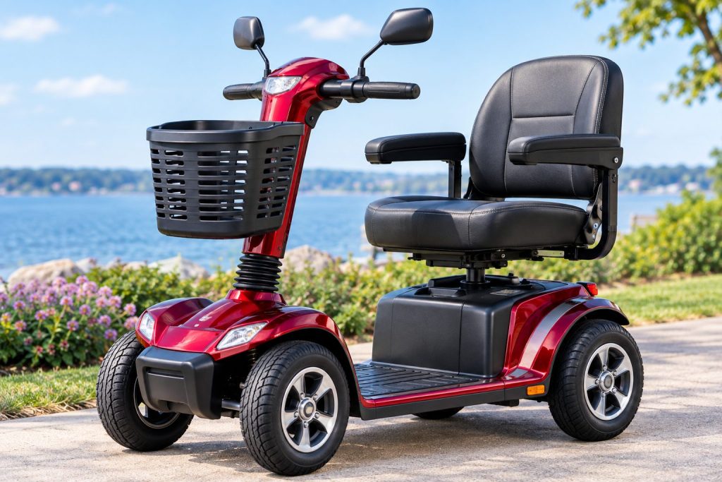 A red four-wheel mobility scooter with a front basket on a waterfront path