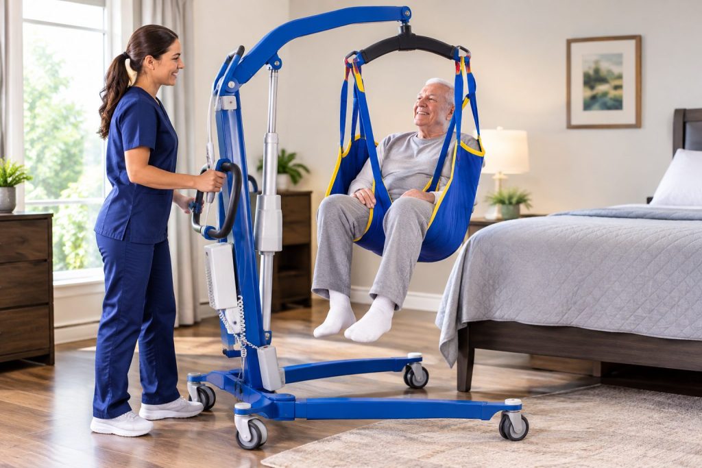 A carer in scrubs operating a blue patient lift that holds a smiling older man in a sling beside a bed
