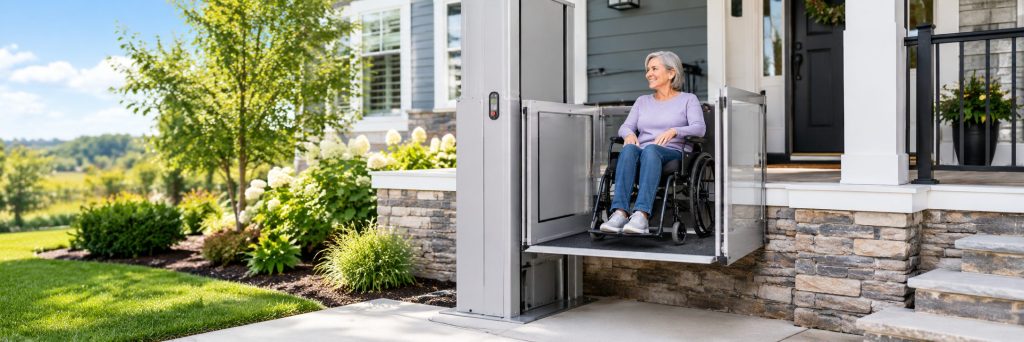 A smiling woman in a wheelchair on a vertical platform lift beside a front porch