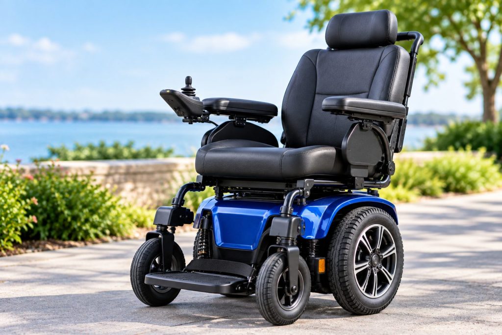 A blue and black power wheelchair with a joystick on a waterfront path