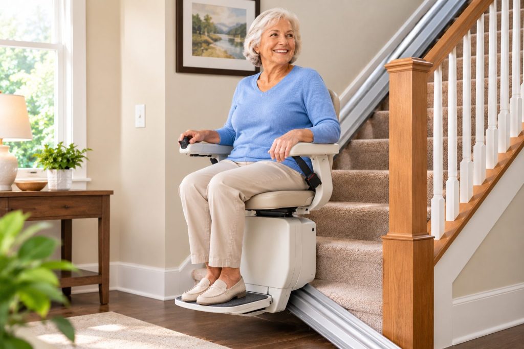 A smiling older woman riding a stair lift at the bottom of a carpeted staircase