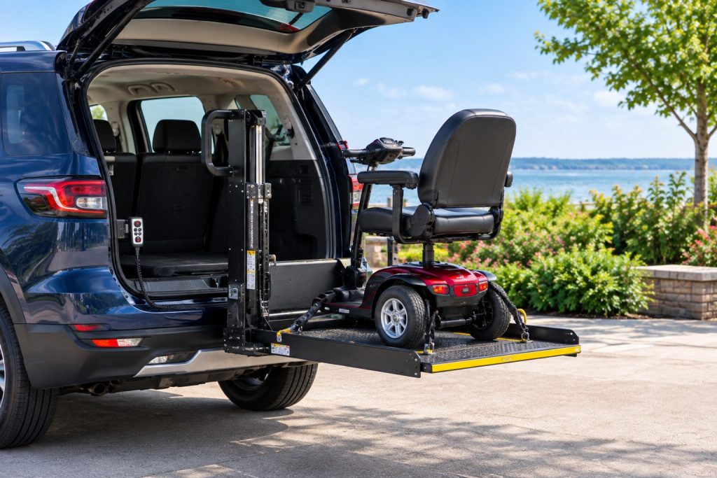 A powered platform lift at the back of an SUV carrying a red mobility scooter