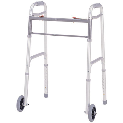 A folding two-button walker with front swivel wheels and rear glide caps