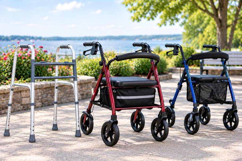 A folding walker, a red rollator and a blue rollator lined up on a waterfront path